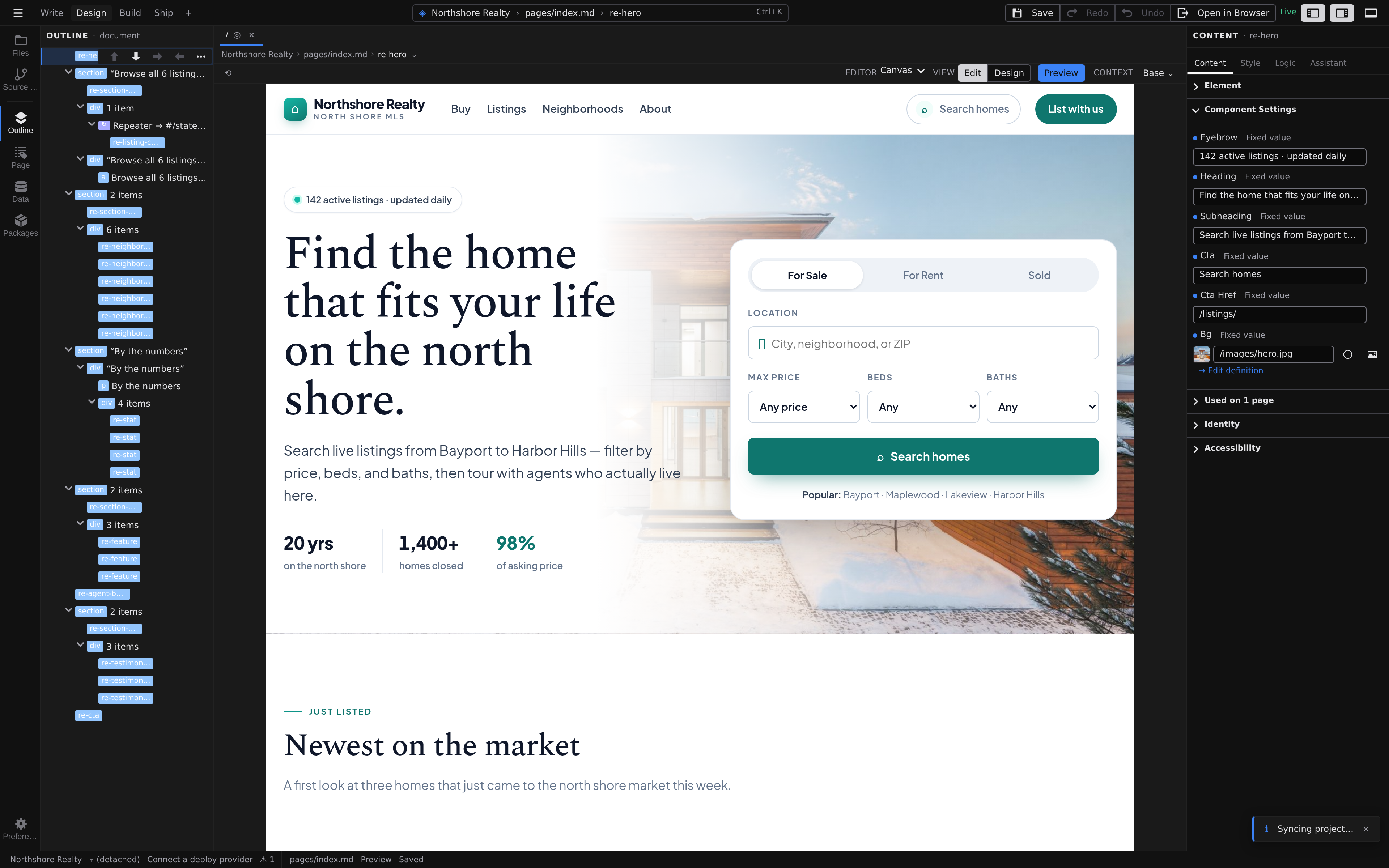 Jx Studio editing a website — layers panel, live canvas, and element inspector