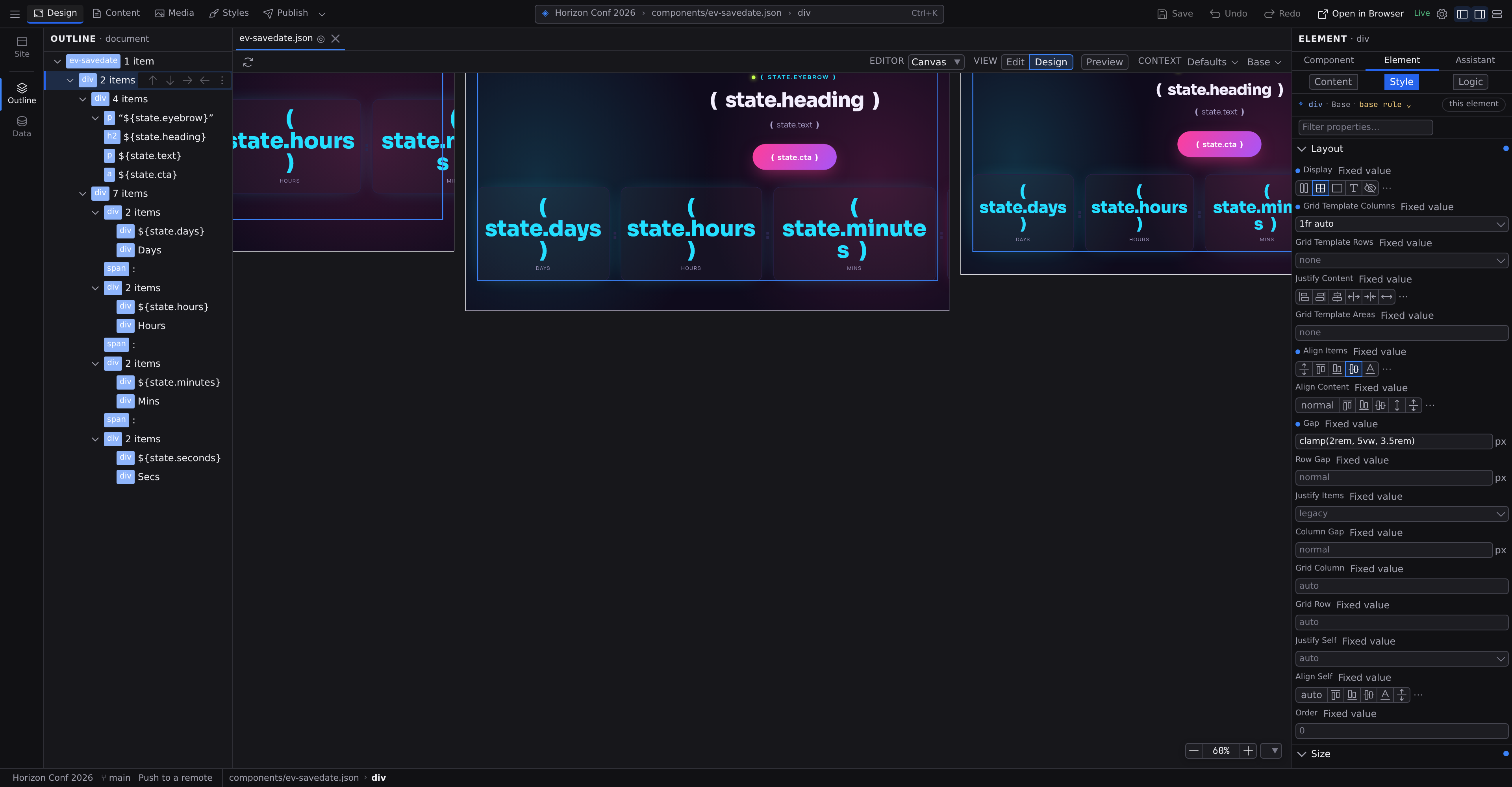 Jx Studio design canvas showing one component across four responsive breakpoints with a style inspector